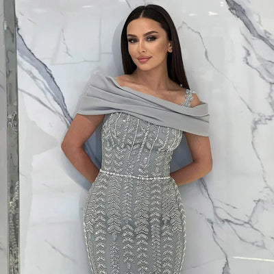 Luxury Dubai Off the Shoulder Evening Dress for Women 2025 Elegant Beads Slit Mermaid Formal Wedding Prom Party Gown Customized