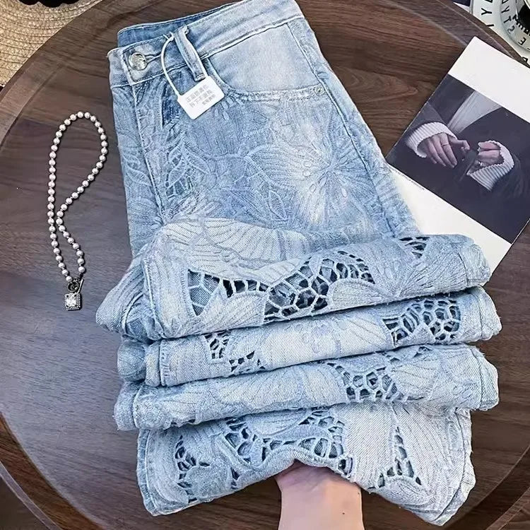 Summer Women Lace Floral Embroidery Wide Leg Denim Pants Spliced Loose Fit High Waist Hollow Out Jeans Streetwear Long Trousers