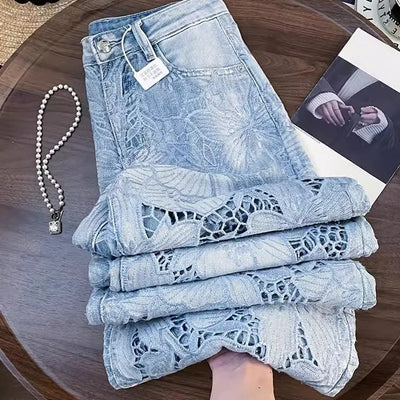 Summer Women Lace Floral Embroidery Wide Leg Denim Pants Spliced Loose Fit High Waist Hollow Out Jeans Streetwear Long Trousers