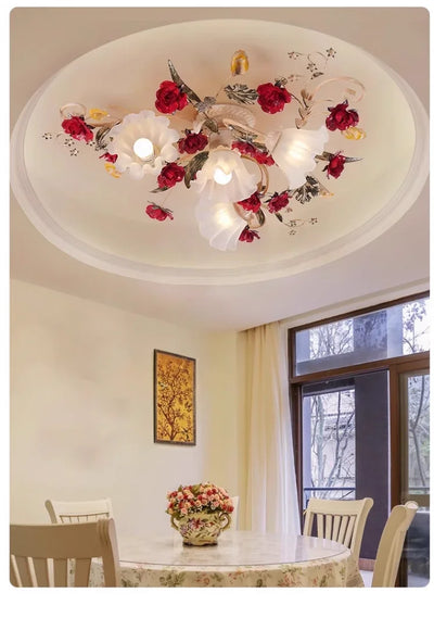 Home Decor Pastoral Retro LED Ceiling Lamp Warm Romantic Flower Chandeliers Fixtures for Living Room Bedroom Lighting Luminaire