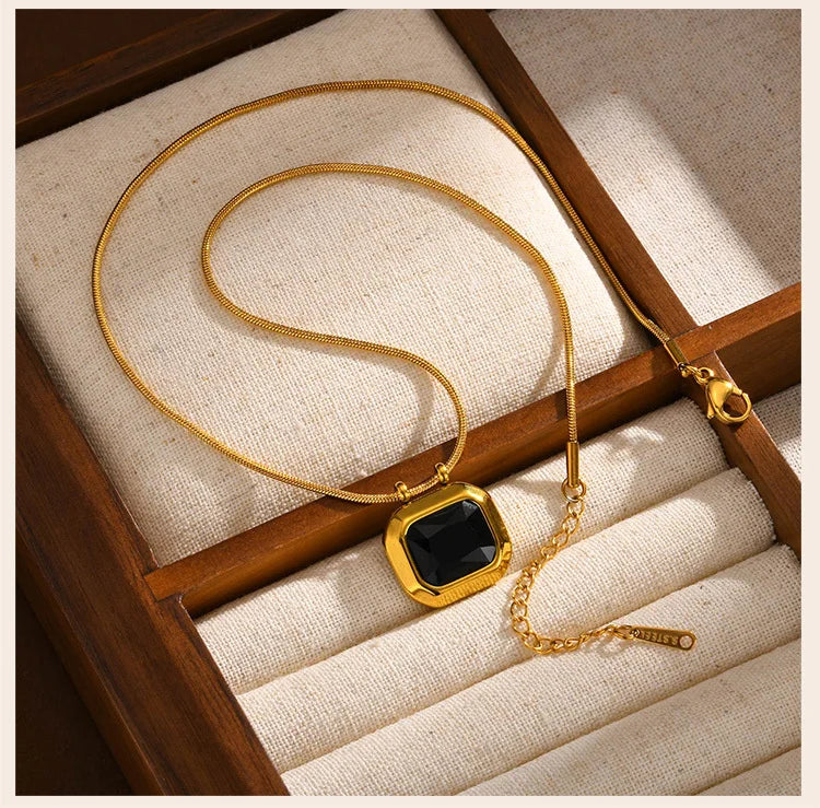 Square Solitaire Pendant Cubic Zirconia Necklace for Women, Stone Snake Link Adjustable, Stainless Steel Jewelry