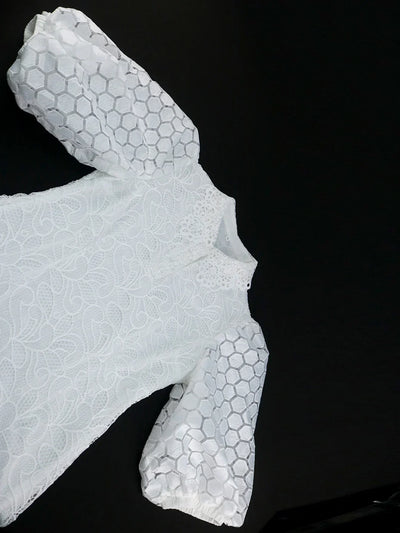 White Lace Dresses for Women Wedding Guests Elegant Turn Down Collar Puff Sleeves Pleated Hem Midi Dress Luxury Occasion Clothes
