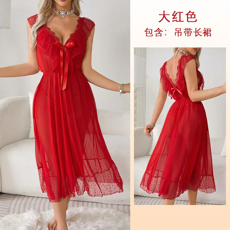Women's Sexy Lingerie Nightgown Semi Sheer Babydoll Sleepwear Dress With Polka Dots Bow Knot Decor Summer Mesh V-Neck Loungewear