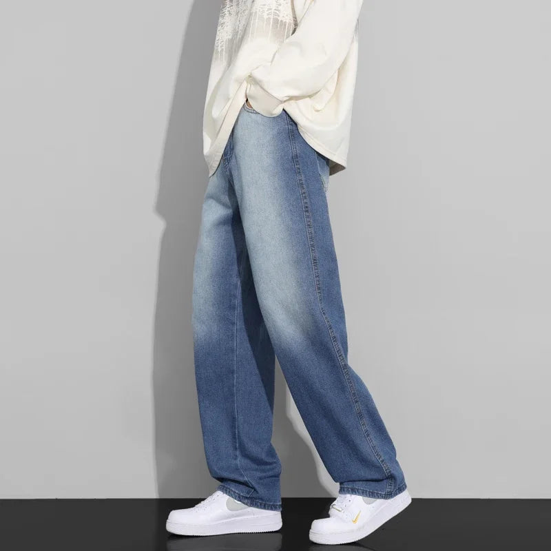Men Designer Jeans Autumn New Embroidered Label Gradient Fashion Trousers Denim Male Korean Wide Straight Casual Pants