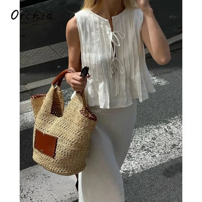 Fashion Bow Lace Up Shirts Women Cotton Linen Hollow Out Sleeveless Pleated Blouses Woman 2025 Summer New Casual Lady White Tops
