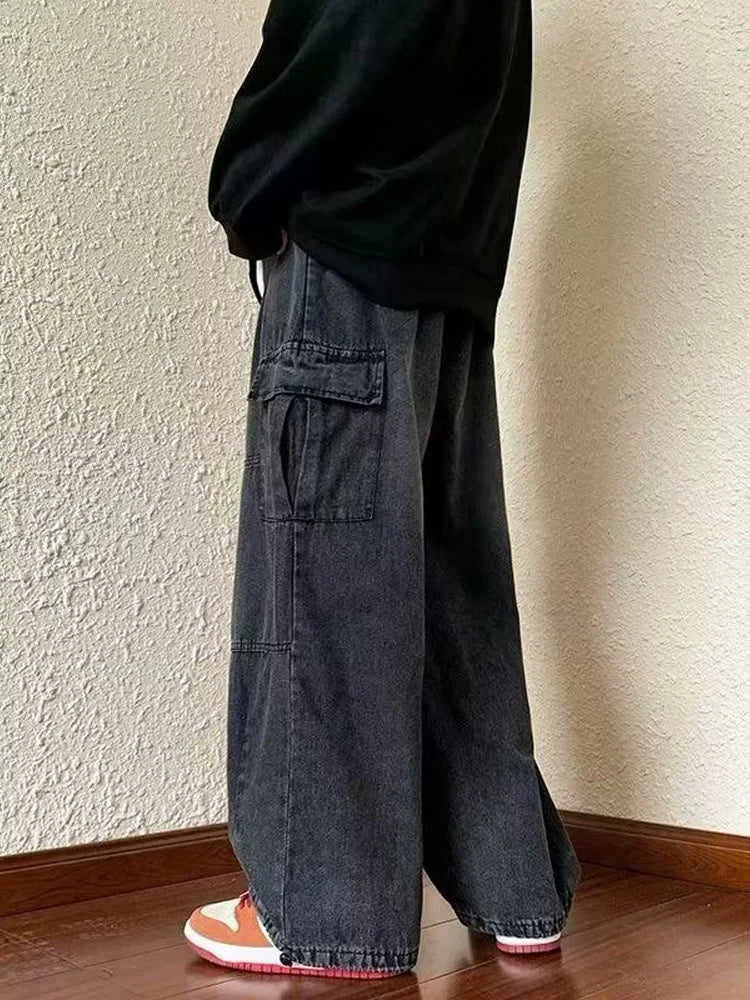 Denim Trousers For Men Adjustable Drawstring Y2k Versatile Baggy Cargo Jeans Men's Hippie Jogging Wide leg Pants Male Streetwear