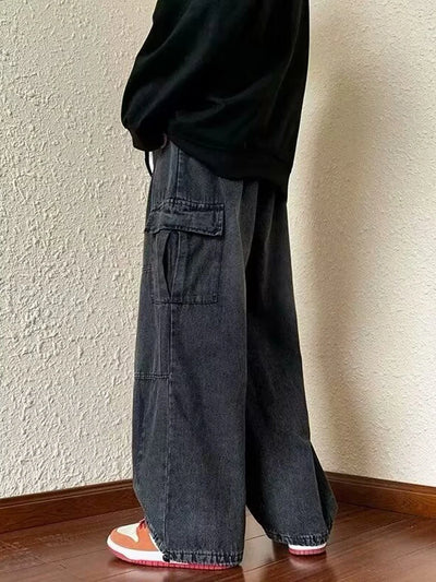 Denim Trousers For Men Adjustable Drawstring Y2k Versatile Baggy Cargo Jeans Men's Hippie Jogging Wide leg Pants Male Streetwear
