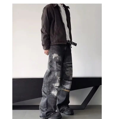 High Street Men's Jeans Trendy Printed Pattern Washed Worn-out Straight Leg Jeans American Style Male Denim Pants Black Jeans