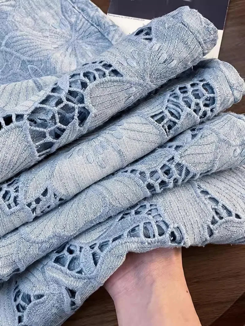 Summer Women Lace Floral Embroidery Wide Leg Denim Pants Spliced Loose Fit High Waist Hollow Out Jeans Streetwear Long Trousers