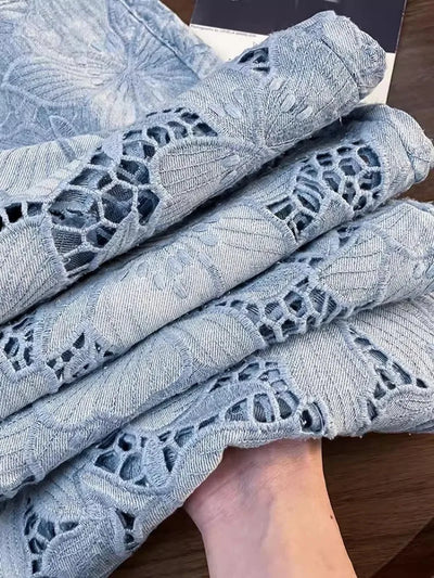 Summer Women Lace Floral Embroidery Wide Leg Denim Pants Spliced Loose Fit High Waist Hollow Out Jeans Streetwear Long Trousers