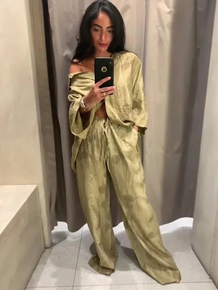 Women's Jacquard Oversized Shirt Trousers Short Sleeves Suit Lapel Shirt High Waist Elastic Straight Leg Pants Chic Female Set