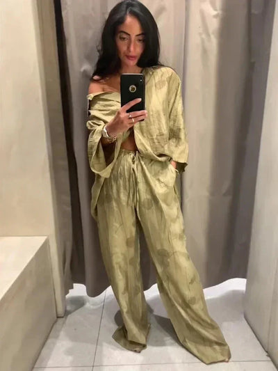 Women's Jacquard Oversized Shirt Trousers Short Sleeves Suit Lapel Shirt High Waist Elastic Straight Leg Pants Chic Female Set