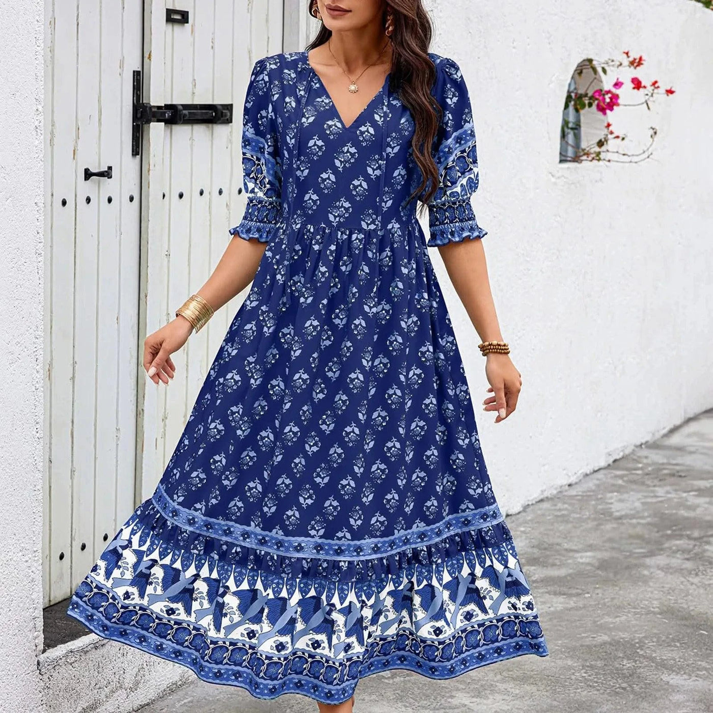 dresses for women Fashion summer Casual long dresses Bohemian V-Neck Printed High Waisted Big Swing Dress vestidos cortos
