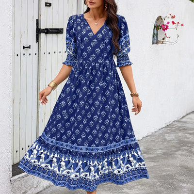 dresses for women Fashion summer Casual long dresses Bohemian V-Neck Printed High Waisted Big Swing Dress vestidos cortos