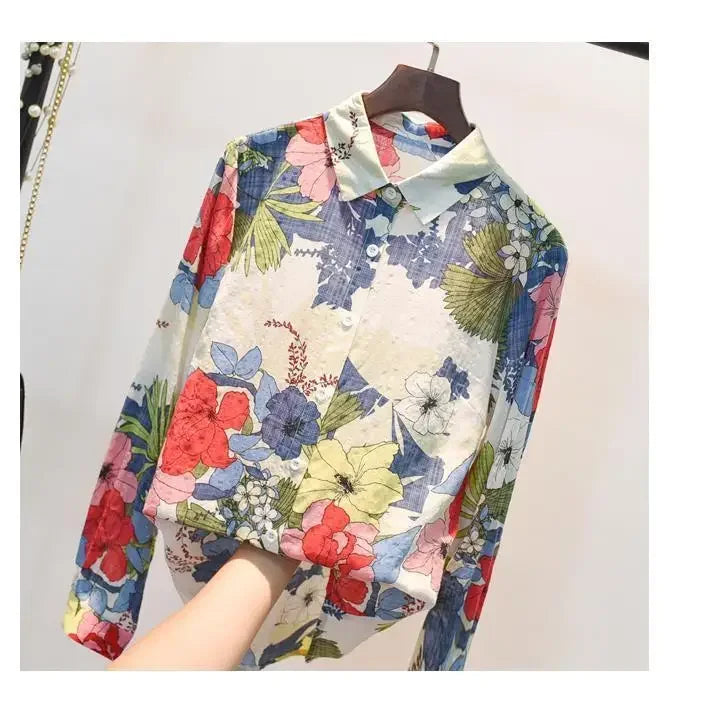 Spring Autumn Cotton Linen Casual Fashion Floral Print Shirt Ladies Loose All-match Sweet Blouse Femme Comfortable Top Women