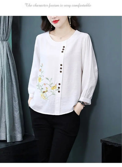 Summer Cotton Linen Embroidery Loose Casual Blouse Lady 3/4 Sleeve Vintage All-match Top Women Fashion Oversized Elegant Shirt