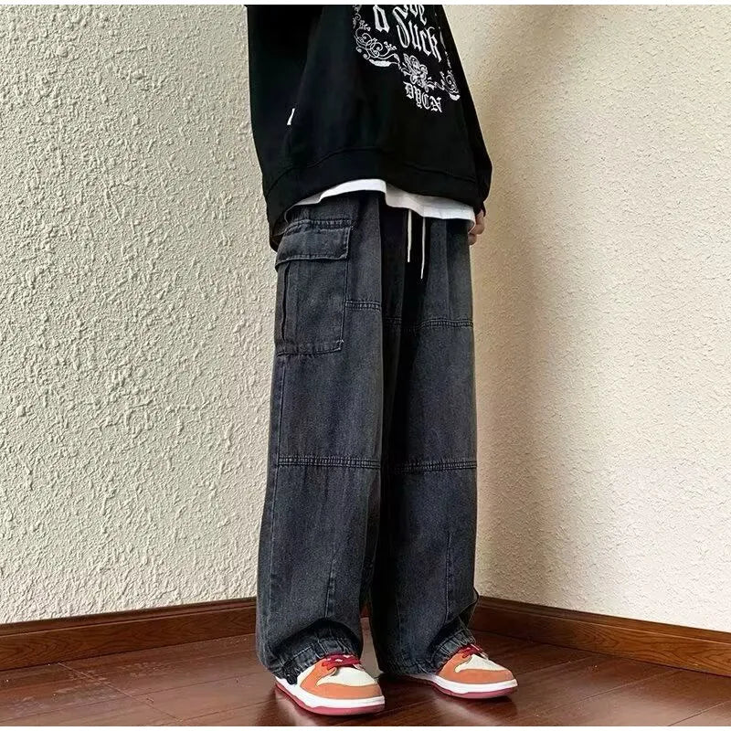 Denim Trousers For Men Adjustable Drawstring Y2k Versatile Baggy Cargo Jeans Men's Hippie Jogging Wide leg Pants Male Streetwear
