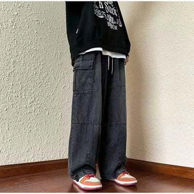 Denim Trousers For Men Adjustable Drawstring Y2k Versatile Baggy Cargo Jeans Men's Hippie Jogging Wide leg Pants Male Streetwear
