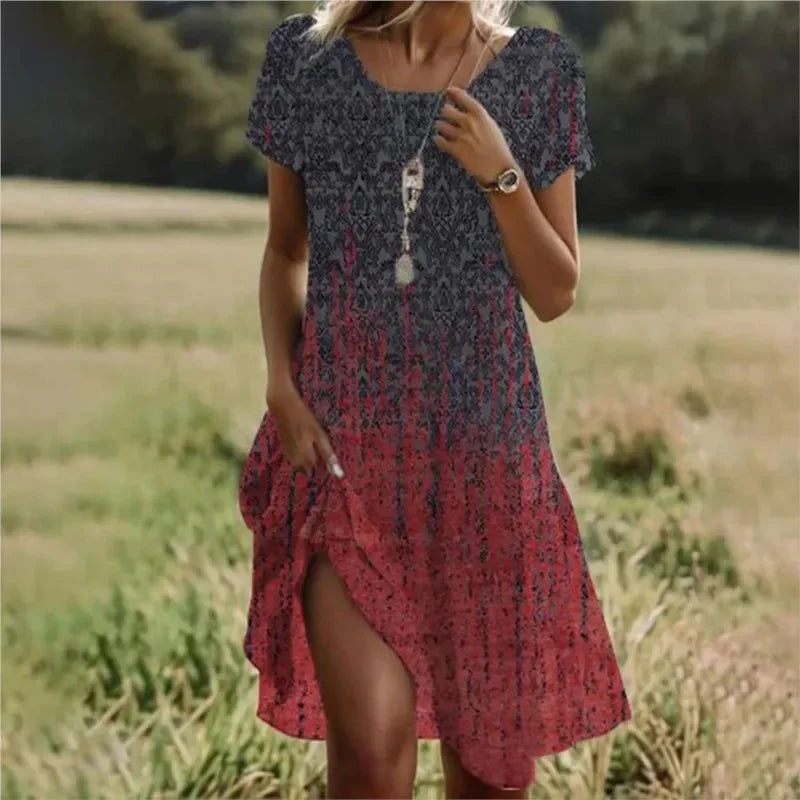 Bohemian Dresses For Women New V Neck Short Sleeve Flower Printed Beach Holiday Dress Women Midi Dresses Swing Sundress