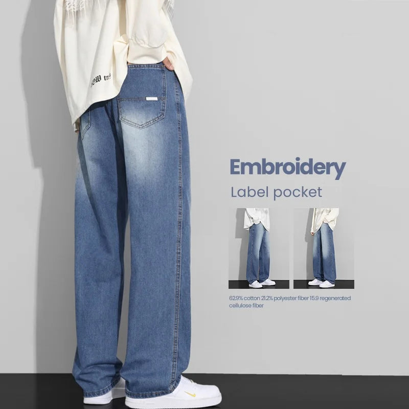 Men Designer Jeans Autumn New Embroidered Label Gradient Fashion Trousers Denim Male Korean Wide Straight Casual Pants