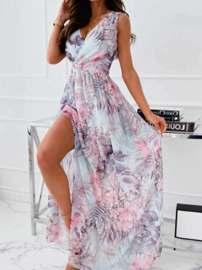 Summer Women Dress Floral Print Fashion Slim V-Neck Tie-Up Backless Chiffon Sexy Sleeveless Slit Maxi Cover-Ups Robe Beach Dress