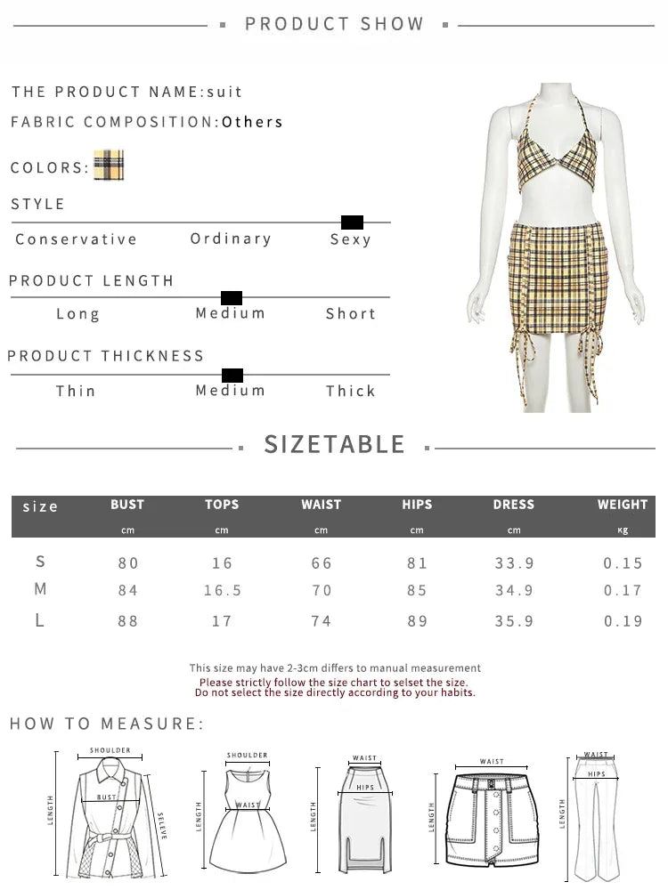 Whatiwear Street Fashion 3 Piece Set Women Polo-Neck Single-Breasted Blouse+Halter Bra+Plaid Print Shirring Skirts Y2K Style Set