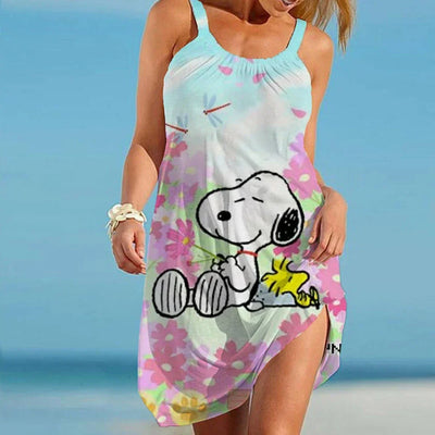 Snoopy Kawaii Women's Beach Dresses Leisure Boho Sanrio Elegant Chic Dress Sling Y2k S-3XL 2024 Summer Youthful Woman Clothes