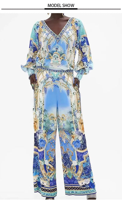 Retro women's V-neck beaded print long-sleeved Joker coat Spring and Autumn new two-piece suit+high-waist wide-leg trousers suit