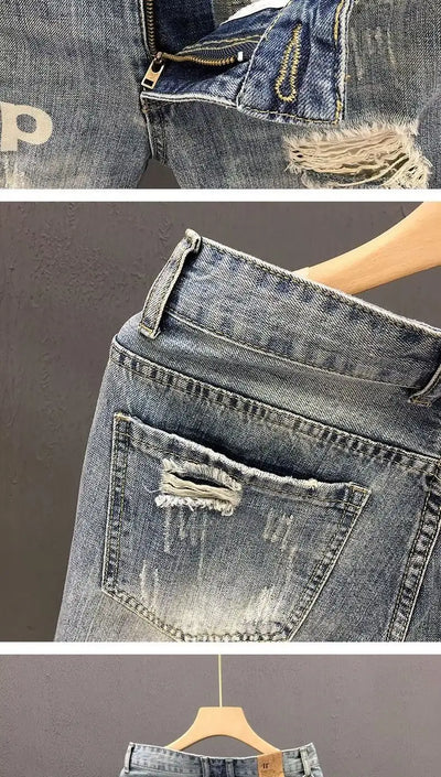 Fashion 2023 Summer Men's Blue Casual Solid Denim Jean Shorts with Ripped Holes Wash Designer Clothes Designer Men's Jeans