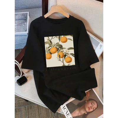 Summer T-Shirts Women Fresh Oranges Fruits Printing Tops Loose O-Neck Soft Comfortable Short Sleeve Street Woman Clothes Summer