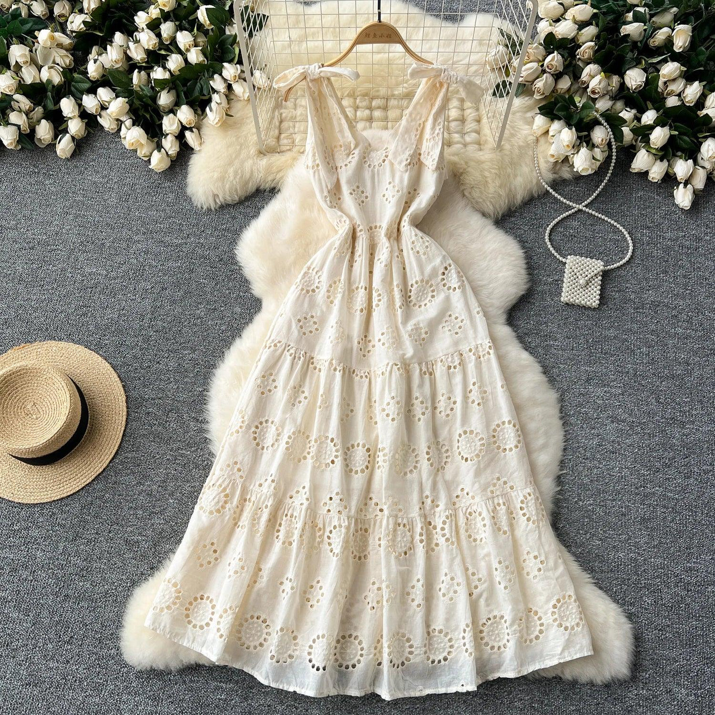French Vintage Hollow Out Embroidery Butterfly Bow Bandage Slip Dress A-line Chic Casual Beach Vacation Women Summer Dresses