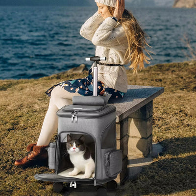 Folding Travel Pet Trolley Carrier with Wheels for Cat Dog Backpack Carriage Airline Approved Pet Trolley Carrier with Wheels