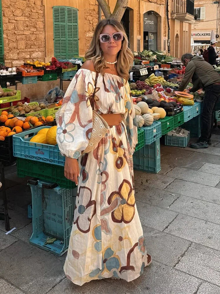 Women Elegant Printed Cotton Linen 2-piece Sets Fashion Long Sleeves Slim Fit Tops Long Skirt Set Lady Summer High Street Wear