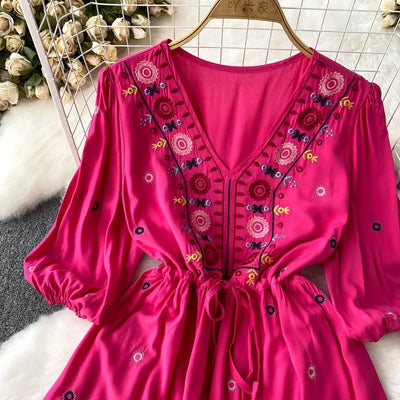Boho Dress for Women Embroidery Floral Print V-neck Elastic Waist Lace-up Dresses with Belt Summer Vestidos Folds Dropshipping