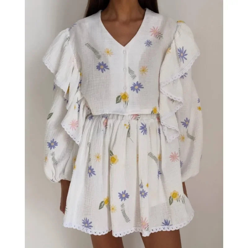 Women Cotton Linen Print Loose Suit Women Lantern Sleeve Ruffles V-neck Patchwork Single-Breasted Top High Waist Mini Skirt Suit