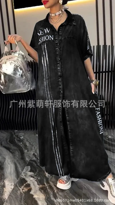 Denim Dress Women Long Dresses Letter Print Vestidos Single Breasted Turn Down Collar Distressed Maxi Gown Summer A Line