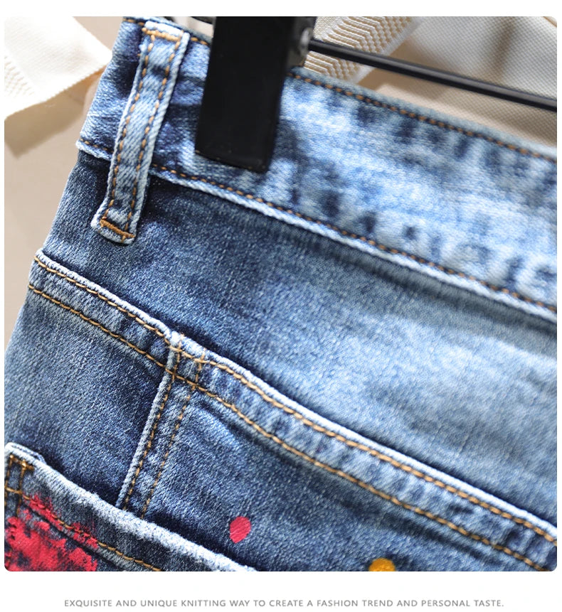 Men Fashion Denim Shorts Jeans New Summer Male Blue Ripped Jeans Shorts High Quality Man Paint Splash Technology Denim Shorts