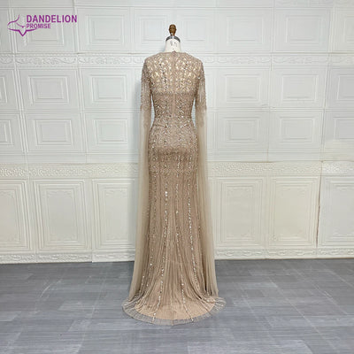 Luxury Dubai Caramel Mermaid Arabic Evening Dresses 2025 with Cape Sleeves Beaded for Women Wedding Party