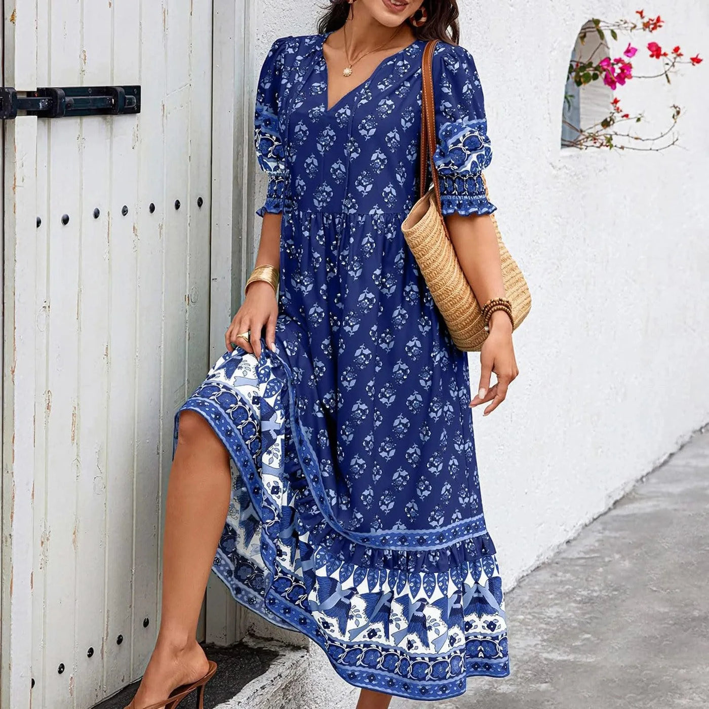 dresses for women Fashion summer Casual long dresses Bohemian V-Neck Printed High Waisted Big Swing Dress vestidos cortos