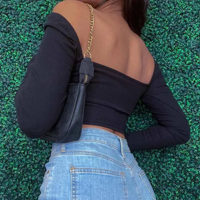 Hollow-Out V-neck Long Sleeve Crop Tops Spring Fall Casual Fashion Women Square Collar Slim Ribbed T-Shirts Backless Tee