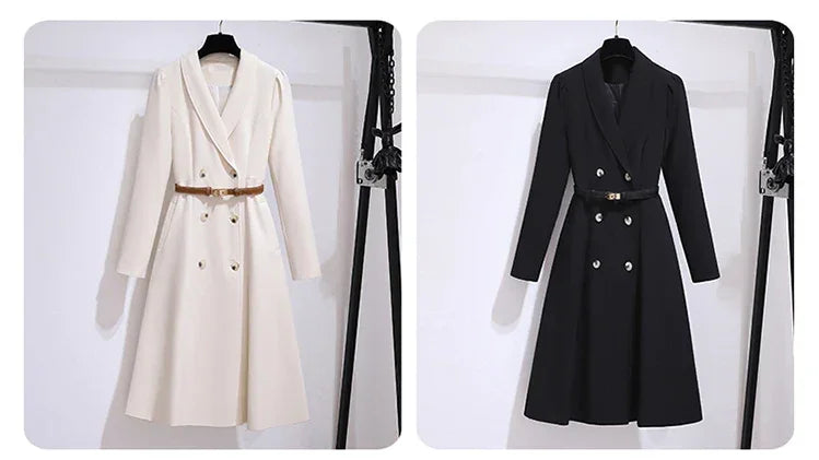 Women's Dress Double Breasted Elegant Dresses for Women 2025 Autumn Off white Dress Belt Knee-Length Solid Fashion Woman Clothes