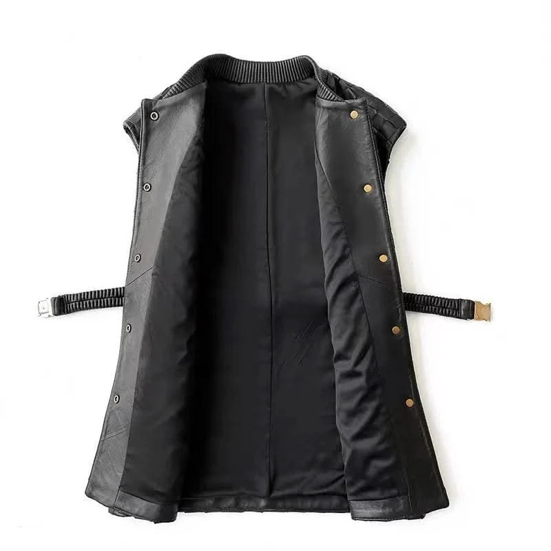 Luxury Hand Knittd Leather Jacket For Women 2024 NEW Female Retro Square Buttons O-Neck Long Vest Waistcoat with Elastic Blet