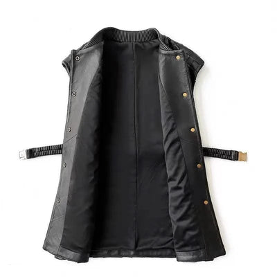 Luxury Hand Knittd Leather Jacket For Women 2024 NEW Female Retro Square Buttons O-Neck Long Vest Waistcoat with Elastic Blet
