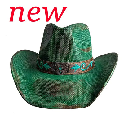 New Lake Blue Western Cowboy Straw Hat 2024 Spring and Summer New Outdoor Sun Hat Men's and Women's Cowboy Hat gorras