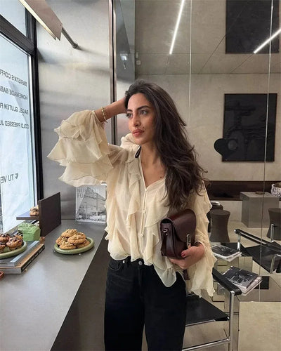 Ruffles Elegant Shirts & Blouses for Women 2025 Long Sleeve Semi-Transparent Tops For Women Spring Shirt And Blouse Top