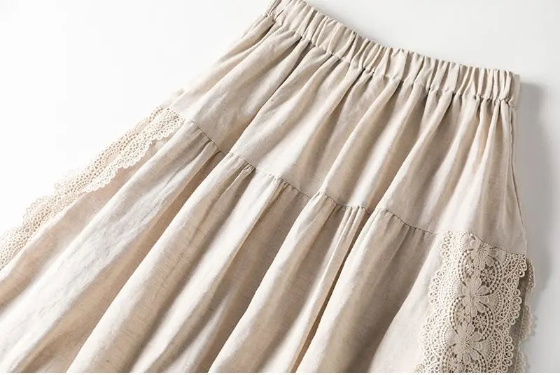 Vintage Chic Embroidery Linen Cotton Long Skirts Women Summer Elastic High Waist Pleated Maxi Skirt Female Elegant A-Line Skirt