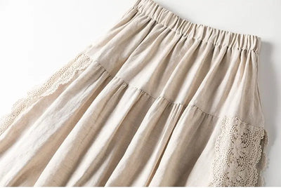 Vintage Chic Embroidery Linen Cotton Long Skirts Women Summer Elastic High Waist Pleated Maxi Skirt Female Elegant A-Line Skirt