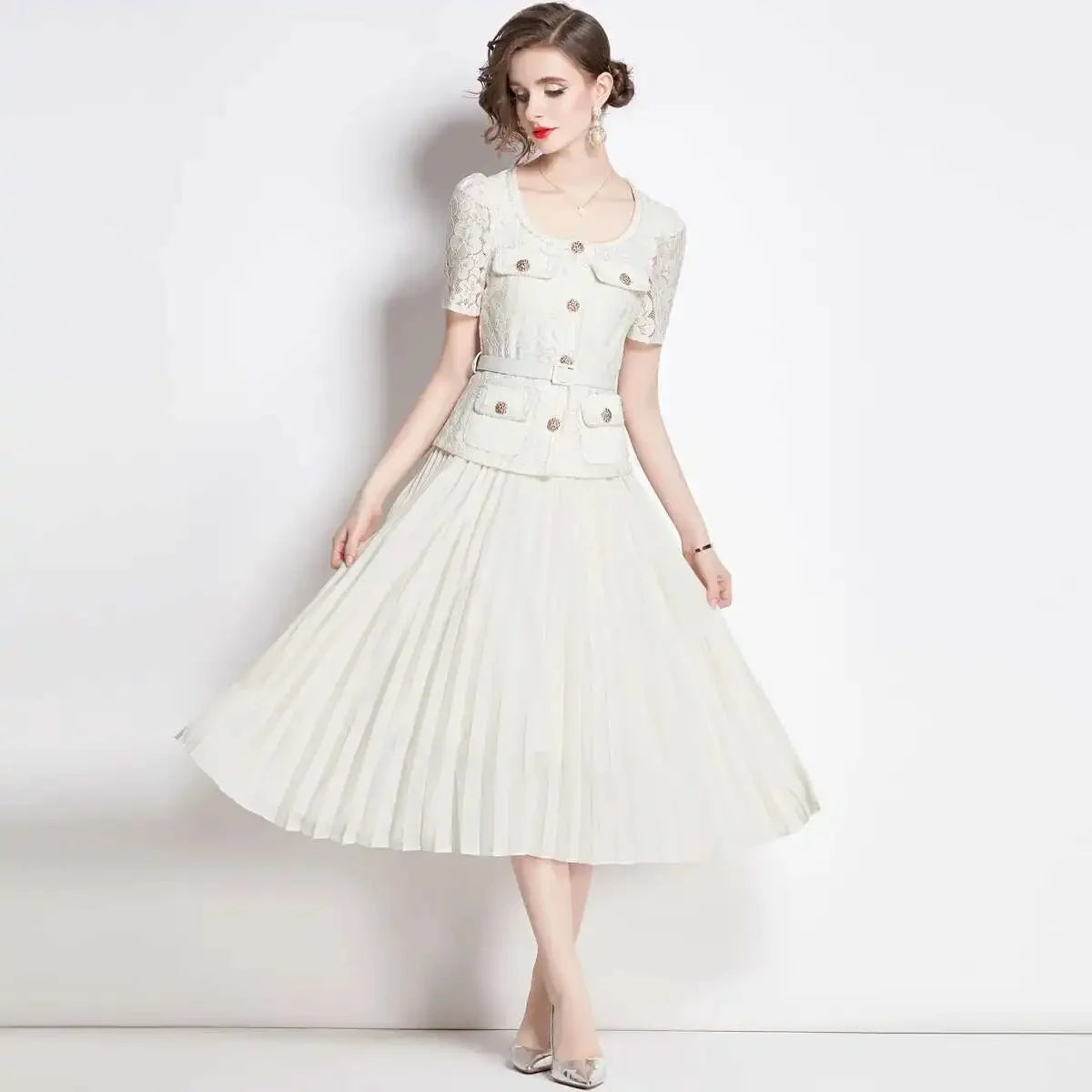 Luxury Evening Dress Women Summer Vacation Short Sleeve Pleated Lace Chiffon Long Dresses White Single Breasted Midi Party Robe