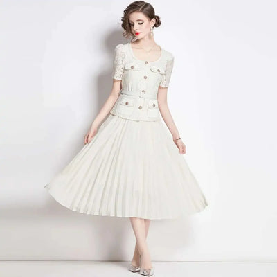 Luxury Evening Dress Women Summer Vacation Short Sleeve Pleated Lace Chiffon Long Dresses White Single Breasted Midi Party Robe