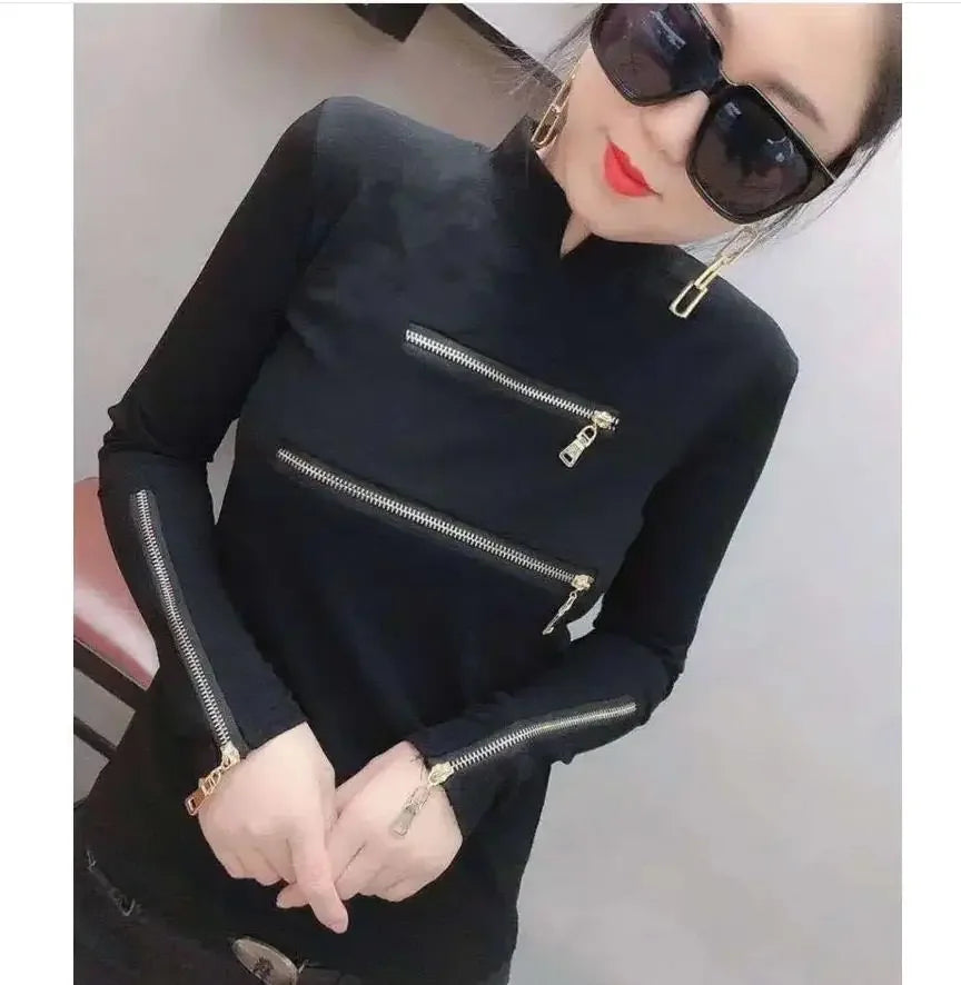 Zipper Deco Women T-shirts Femme Strechy Cotton T-shirts Lady Zipper Pullovers Tp[s